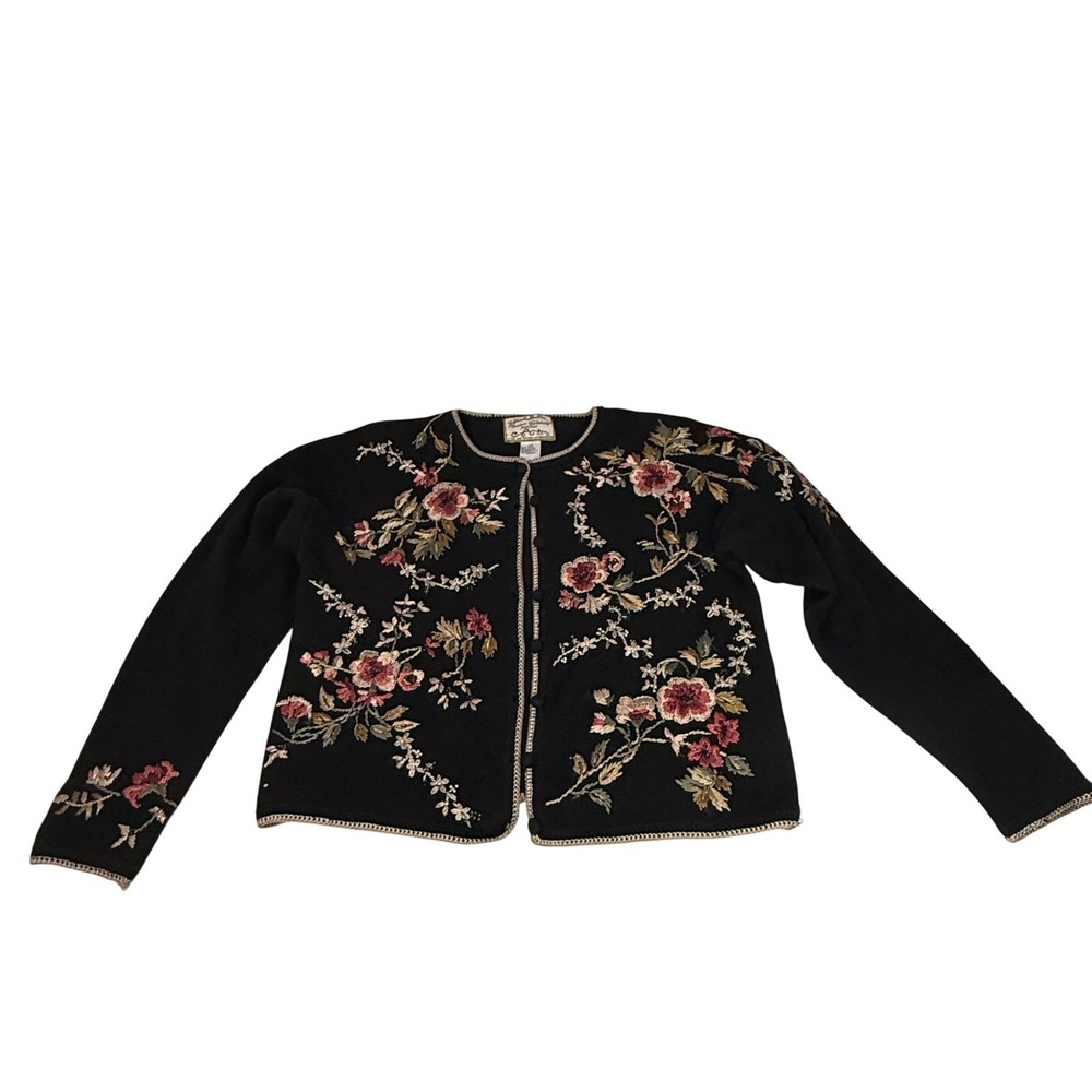 Heirloom Collectibles Petite PM Embroidered Floral Ramie Cardigan Black 1999 Y2K